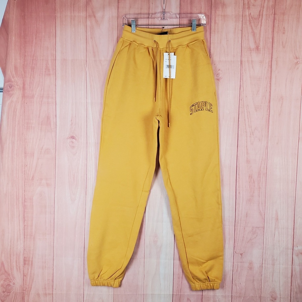Staple Sweatpants Mens M‎ Yellow Cotton Fleece Lined Logo Spellout Embroidered